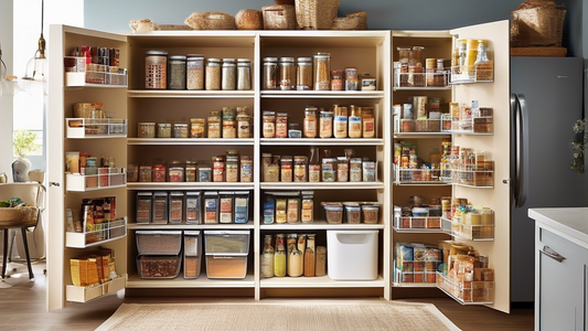 Create an image of a creatively organized pantry featuring innovative shelving solutions optimized for small spaces. Show various shelves, drawers, and racks designed to maximize storage and efficiency in a compact pantry setting. Be sure to include 