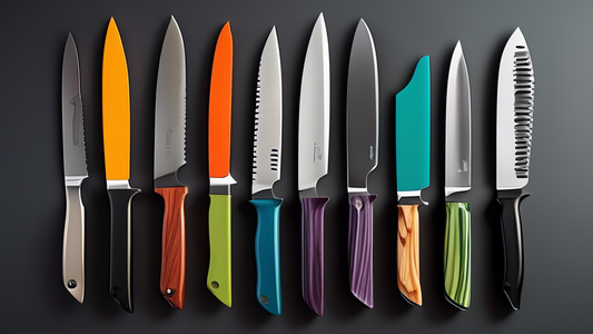 Create an image of a modern kitchen with a variety of knives neatly displayed on different magnetic knife strip holders, showcasing 7 different styles for efficient storage. Each strip should be subtly labeled with its unique features and benefits to