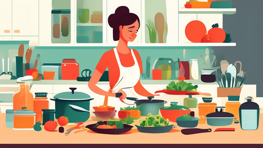 Create an image of a busy home cook preparing their meals for the week using the top meal prep tools, such as containers, cutting boards, knives, measuring cups, and a slow cooker. The kitchen should be organized and full of fresh ingredients ready t