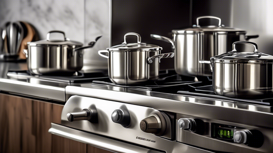Create an image of a sleek and modern kitchen scene featuring a set of non-toxic stainless steel cookware gleaming on a stovetop. The image should portray a clean and healthy cooking environment, emphasizing the durability and safety of stainless ste