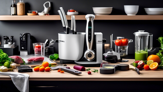 Create an image of a modern, well-equipped gourmet kitchen with all the essential gadgets for chefs, including a high-quality chef's knife, a precision scale, a sous vide machine, a blender, a stand mixer, a food processor, a mandoline slicer, a sous