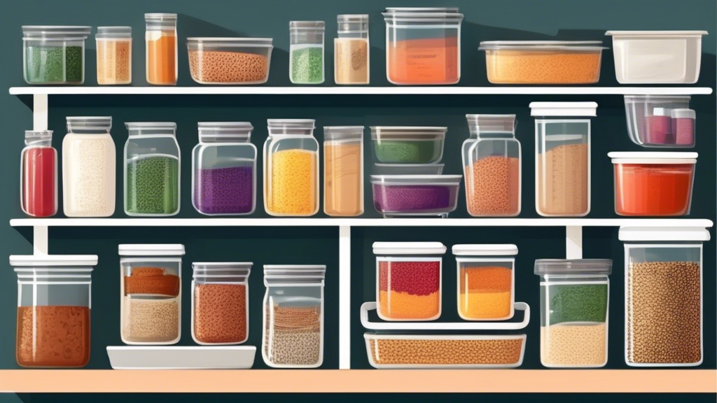 Create an image of a beautifully organized pantry with labeled containers for various staples like grains, canned goods, and spices. Include a meal prep station with a cutting board, knife set, and Tupperware containers, showcasing an efficient and o