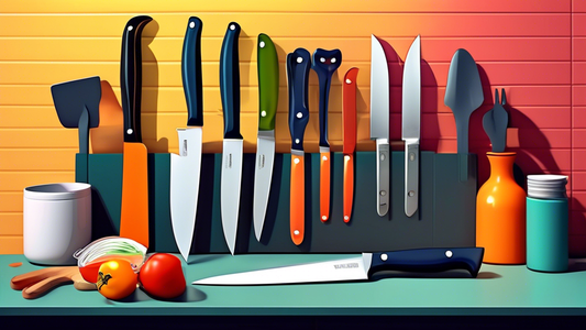 Create an image of a small, cluttered kitchen counter with various kitchen utensils and knives strewn about. A sleek and stylish magnetic knife holder is prominently featured, neatly holding a variety of knives in place, showcasing its space-saving a