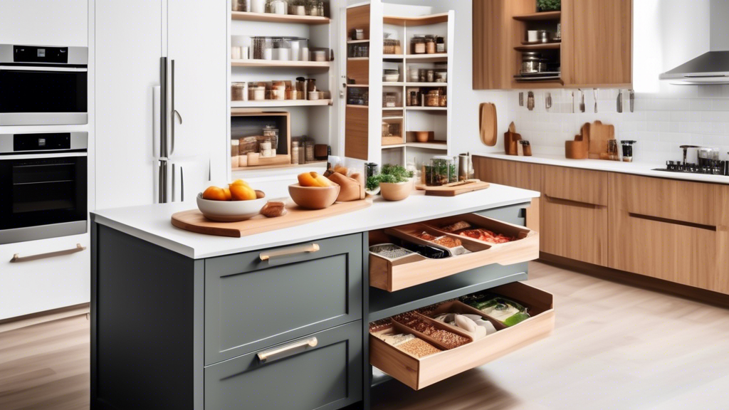 Create an image of a modern kitchen with innovative storage solutions such as pull-out pantry shelves, hanging pot racks, magnetic knife strips, and hidden compartments to inspire viewers looking to declutter their kitchen. Show a well-organized spac