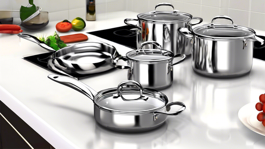 Create an image of a stylish and modern kitchen countertop showcasing a collection of top stainless steel cookware sets with sleek glass lids. Each set should include a variety of pots and pans in different sizes, reflecting the high quality and dura