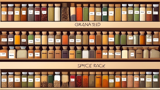 Create an image of a neatly arranged spice rack featuring a variety of spices sorted in an organized and easy-to-access manner. Each spice container should be labeled clearly with its name, showcasing an example of effective spice organization for be