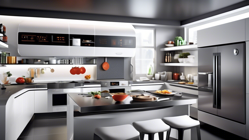 Create an image of a modern, high-tech kitchen filled with futuristic gadgets that are perfect for tech-savvy chefs. Include items like a smart oven, digital cooking assistant, high-speed blender, and cutting-edge kitchen appliances that are sleek an