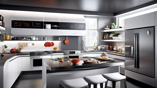 Create an image of a modern, high-tech kitchen filled with futuristic gadgets that are perfect for tech-savvy chefs. Include items like a smart oven, digital cooking assistant, high-speed blender, and cutting-edge kitchen appliances that are sleek an
