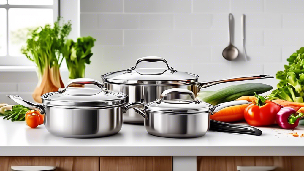 Create an image of a budget-friendly stainless steel cookware set displayed on a kitchen counter with vibrant vegetables and utensils surrounding it to showcase its affordable yet high-quality features.