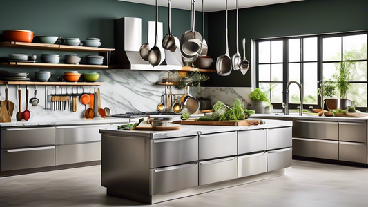 Create an image of a modern, organized kitchen showcasing a variety of stainless steel cookware sets neatly arranged in cabinets and hanging racks. Include colorful kitchen utensils, fresh herbs, and a sleek kitchen island with a marble countertop. T