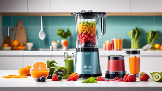 Create an image of a versatile kitchen gadget that can perform multiple tasks efficiently, such as a 3-in-1 blender, juicer, and food processor in action. Show the gadget seamlessly transitioning between its functions, showcasing its versatility and 