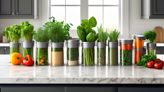 Create an image of a kitchen countertop featuring a beautifully organized collection of fresh herbs and vegetables stored in stackable containers. Each container should be labeled and neatly arranged to showcase a practical and visually appealing way