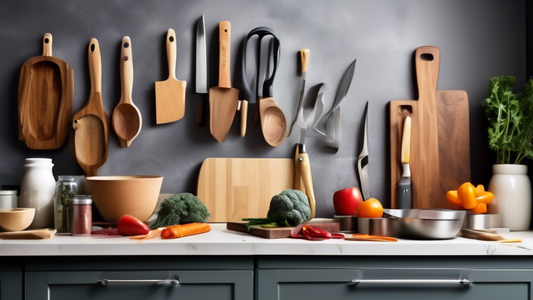 Create an image of a beautifully organized kitchen countertop with the top 7 low-maintenance kitchen tools neatly displayed. The tools should include a non-stick skillet, a sharp chef's knife, a slow cooker, a multi-functional blender, a high-quality