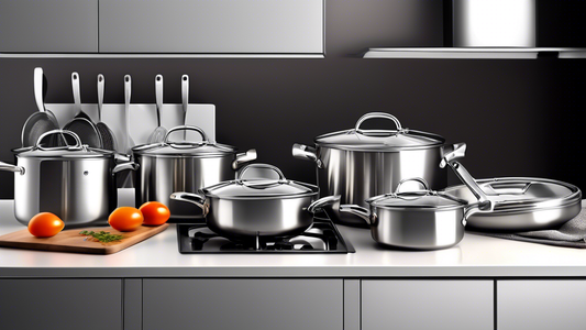Create an image of a modern kitchen setting with a sleek stainless steel cookware set displayed on a countertop. The cookware should appear durable and high-quality, showcasing a variety of pots and pans in different sizes. Include kitchen utensils a