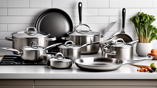 Create an image of a sleek, modern kitchen with a variety of stainless steel cookware sets displayed on the countertop. Include pots, pans, and utensils from the top 10 picks in the article, arranged neatly and appealingly. Showcase the durability an