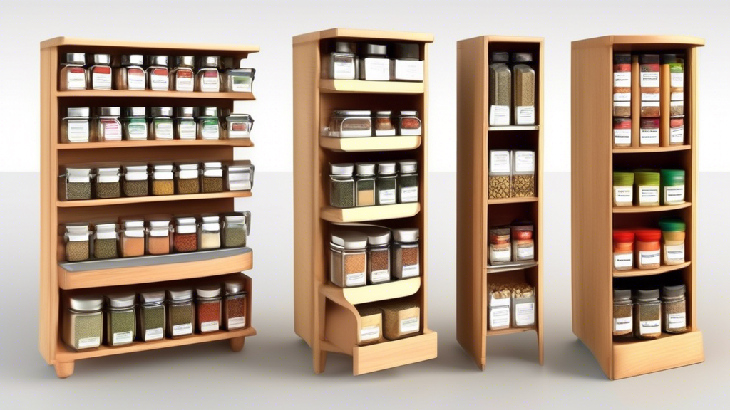 Create an image of a compact kitchen space with limited counter and cabinet space, featuring a variety of stackable spice racks neatly organized and utilized to maximize storage and accessibility of spices. The racks should be shown stacked on top of