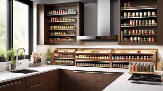 Create an image of a modern kitchen with sleek upper cabinets featuring a pull-down spice rack system. The pull-down spice rack is filled with neatly organized jars of various spices and herbs, bringing both functionality and aesthetic appeal to the 