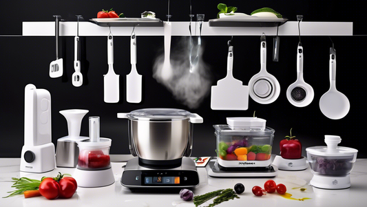 Create an image of a fully equipped and versatile kitchen, showcasing a wide array of innovative cooking tools and utensils that cater to experimental cooking. Include items such as molecular gastronomy kits, immersion circulators, precise digital sc