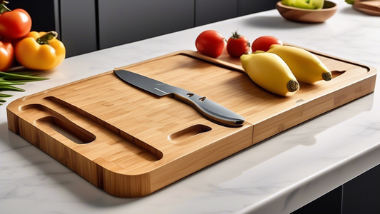 Produce an image of a sleek bamboo cutting board with integrated knife organizer for the ultimate kitchen tool. The cutting board should be large enough for versatile use, with a built-in knife holder that is both functional and stylish. The image sh