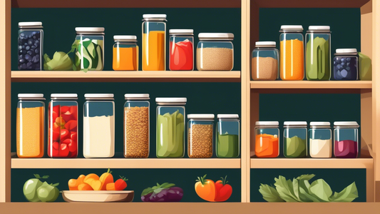 Create an image of a modern, eco-friendly kitchen pantry with reusable containers filled with fresh fruits, vegetables, and whole grains neatly organized. Show a variety of sustainable meal prep storage solutions such as glass jars, stainless steel c