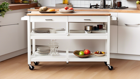 Create an image of a modern kitchen with a stylish rolling kitchen cart that offers ample storage space. The kitchen cart should be sleek and practical, showcasing its various compartments, shelves, and drawers. The image should capture the functiona