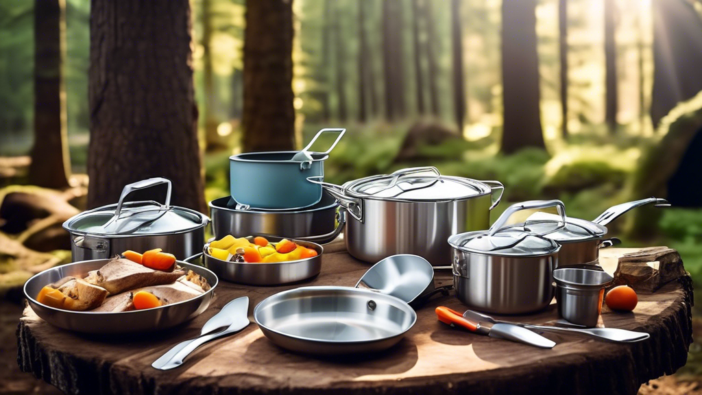 Create an image of a camping scene with a lightweight stainless steel cookware set laid out on a picnic table in the forest. Include various pots, pans, and utensils that are compact and easy to pack for outdoor cooking adventures. The sunlight filte