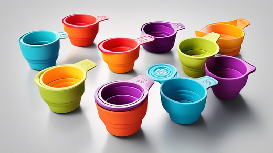 Create an image of space-saving collapsible measuring cups designed for compact kitchens. The measuring cups should be shown in a small kitchen drawer, neatly stacked and collapsed, showcasing their unique design that allows for easy storage and orga