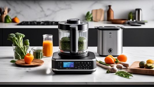 Create an image of a modern, clutter-free kitchen countertop filled with sleek and efficient kitchen gadgets designed to help busy cooks save time and effort. Include items like a multi-functional food processor, a programmable slow cooker, a compact
