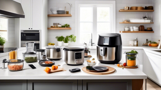 Create an image of a modern, organized kitchen filled with innovative gadgets and tools designed to help busy moms save time and streamline their cooking routine. Show a sleek countertop with gadgets like a multi-cooker, air fryer, instant pot, blend