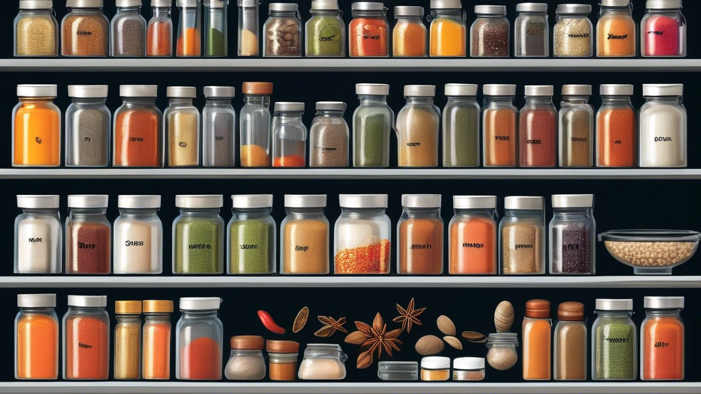 Create an image of a well-organized spice cabinet filled with a variety of top spice storage containers, each labeled and color-coordinated for easy access. The containers should be sealed airtight to keep the spices fresh and vibrant, showcasing the