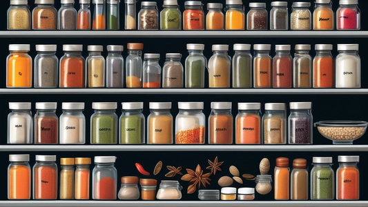 Create an image of a well-organized spice cabinet filled with a variety of top spice storage containers, each labeled and color-coordinated for easy access. The containers should be sealed airtight to keep the spices fresh and vibrant, showcasing the