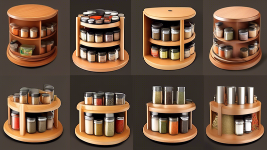Create an image of a beautifully organized spice cabinet utilizing a Lazy Susan turntable. The image should showcase a variety of spices neatly arranged on the turntable, making it effortless to find and access each spice. The organization should app