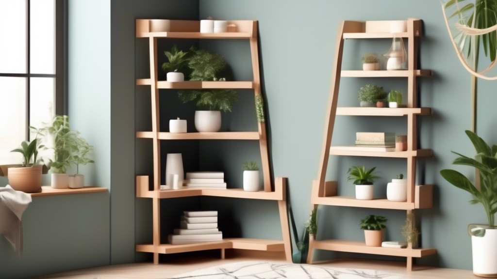 Create an image of a modern, sleek tiered corner shelf unit in a room setting. Show how the shelf helps to organize and display items in a clutter-free and aesthetically pleasing way. Include decorative items such as plants, books, and small decor pi