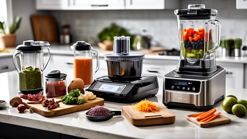 Please generate an image of a diverse array of versatile kitchen gadgets neatly organized on a kitchen counter, such as a multifunctional food processor, a high-tech blender, a smart slow cooker, and a precision kitchen scale, all ready for meal plan