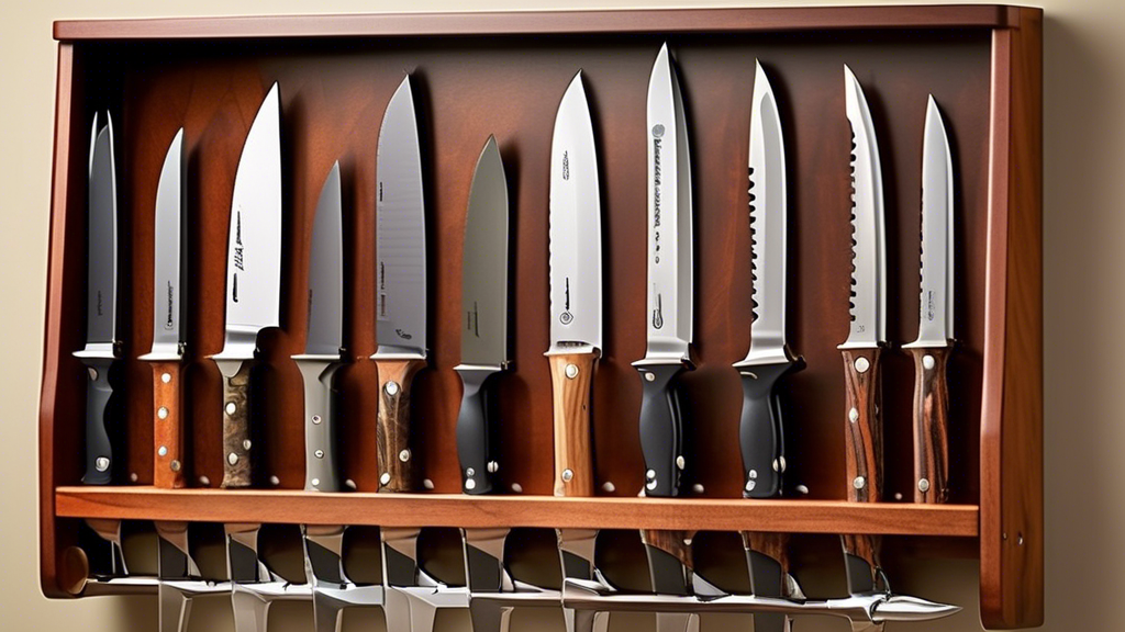 Create an image of a variety of innovative knife storage solutions tailored specifically for hunters, showcasing the top 10 options in a visually appealing and organized manner. Include options such as magnetic knife strips, knife blocks, portable kn