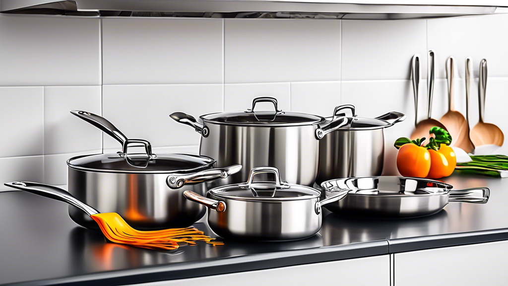 Create an image of a sleek and modern kitchen featuring a variety of stainless steel cookware sets, such as pots, pans, and utensils, neatly displayed on a countertop with a banner that says Reliable Stainless Steel Cookware Sets with Warranty. The i