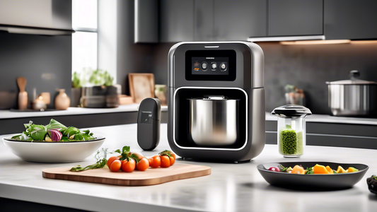 Create an image of a futuristic kitchen with multi-purpose appliances that seamlessly transform into different tools for cooking various dishes. Show a compact countertop device that switches between a blender, rice cooker, air fryer, and slow cooker