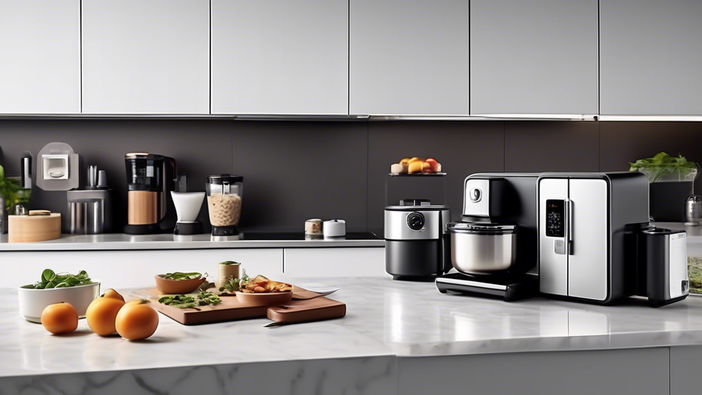 Create an image of a modern kitchen with 5 sleek and stylish multi-functional appliances that each serve a different purpose, showcasing their versatility and convenience in a contemporary setting. Each appliance should be labeled with its function, 