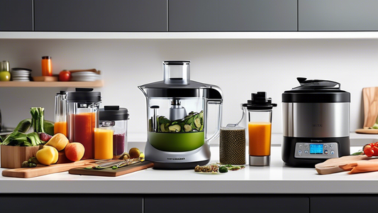 Create an image of a modern, organized kitchen counter filled with top kitchen gadgets for quick meal prep. Include items such as a multi-functional blender, a high-tech food processor, a meal prep container set, a programmable slow cooker, a versati