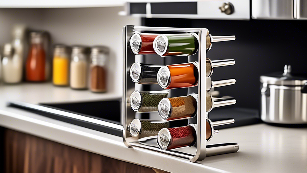 An image of a compact and efficient stainless steel spice rack specifically designed for RV kitchens, showcasing its space-saving features and durability for life on the road. The design should highlight practicality in organizing various spices and 