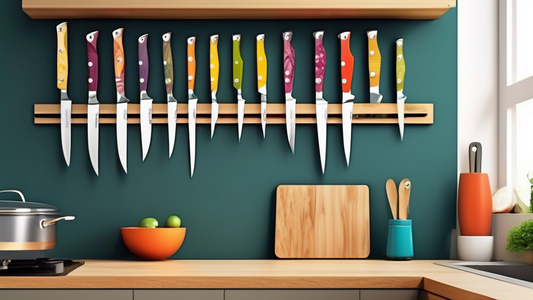 Create an image of a small kitchen with limited counter space and storage, featuring a creative and innovative way to organize and display various types of knives to maximize space efficiency. The image should showcase a practical and visually appeal