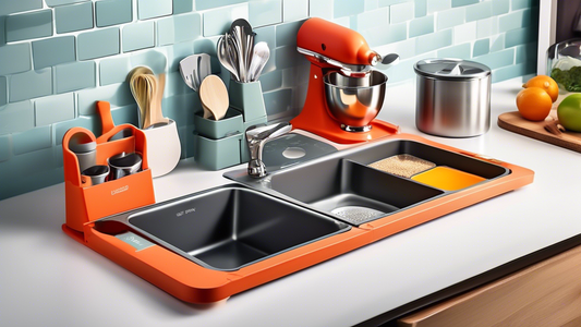 Create an image of a compact kitchen set-up in a small home, featuring innovative and space-saving kitchen gadgets such as a foldable cutting board, collapsible measuring cups, magnetic spice jars, and a multi-purpose stackable storage system. Show h