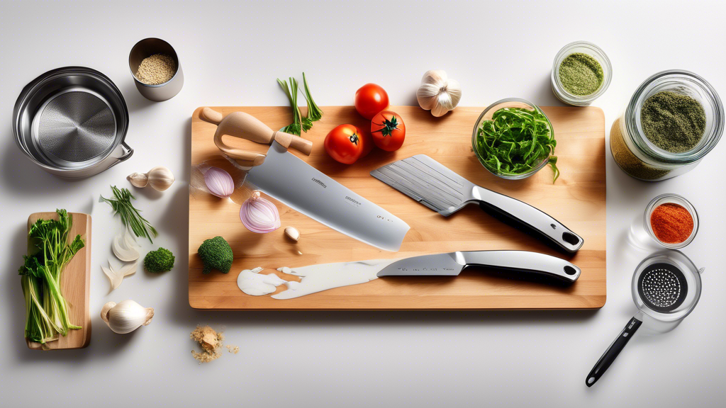 Create an image of a kitchen countertop with the top 7 essential kitchen tools for fast meal preparation displayed in an organized and visually appealing way. Include items such as a sharp chef's knife, cutting board, vegetable peeler, garlic press, 