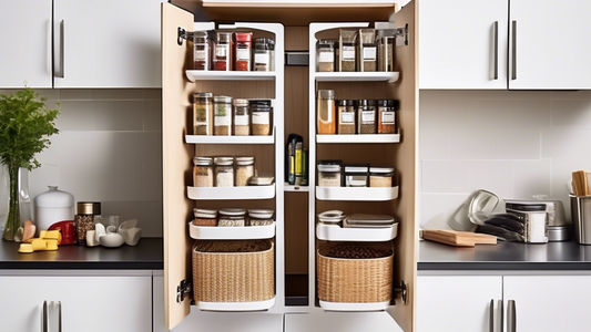 Create an image of a modern kitchen with sleek over-the-cabinet door storage baskets, perfectly organized to maximize space efficiency. Show different types of items neatly stored in these baskets, such as spices, kitchen utensils, and cleaning suppl