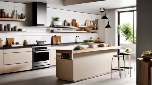 Create an image of a sleek and modern kitchen with limited counter space, featuring a wall-mounted paper towel holder that also includes a shelf for extra storage. The design should showcase how this space-saving solution helps maximize efficiency an