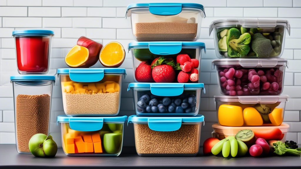 Create an image of a variety of top stackable meal prep containers of different sizes and designs arranged neatly on a kitchen counter, with a diverse selection of colorful and healthy prepped fruits, veggies, grains and proteins stored inside them. 