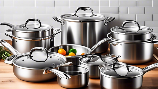 Create an image of a high-quality stainless steel cookware set with a variety of pots, pans, and lids, arranged in an organized and visually appealing manner. Each piece should be gleaming and showcase the durability and elegance of the stainless ste