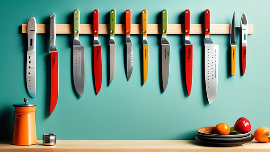 Create an image of a kitchen wall with a series of step-by-step instructions on how to install a magnetic knife holder. Each step should be visually represented with clear illustrations showing the tools and process involved in mounting the knife hol