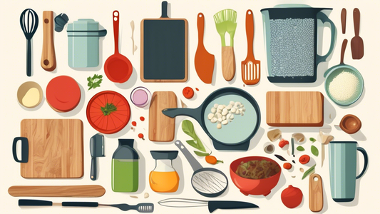 Create an image of a busy kitchen counter filled with a diverse range of versatile kitchenware items such as a cutting board, knives, mixing bowls, measuring cups and spoons, a food processor, and various cooking utensils. Show ingredients being prep