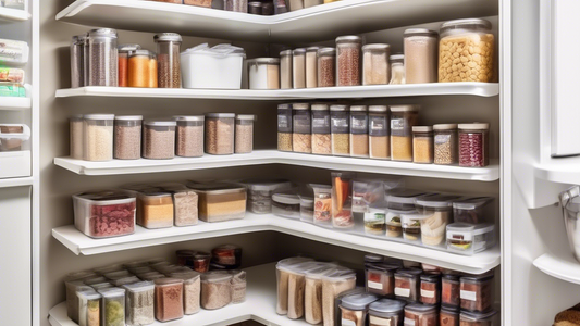 Create an image of a well-organized and clutter-free kitchen pantry that showcases the use of vacuum-sealed bags to maximize storage space. The image should feature neatly arranged shelves or cabinets filled with various dry goods, canned items, and 